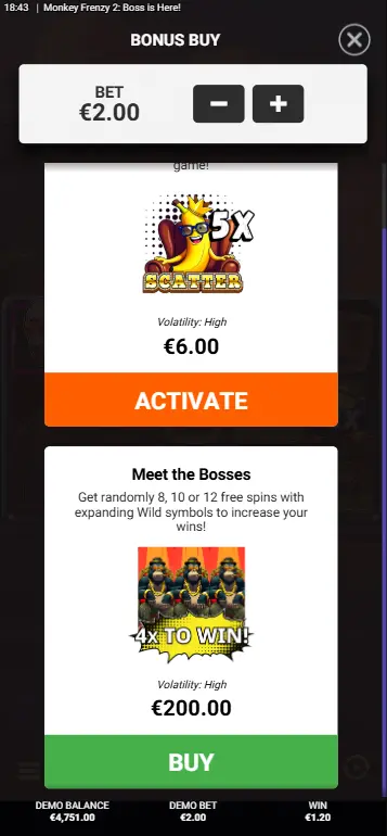 Monkey Frenzy 2 Bonus Buy menu with FeatureSpins and Meet the Bosses options