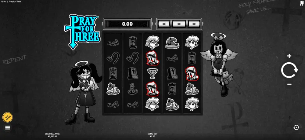Pray for Three slot base game showing Scary Mary and Morbid Magda fallen angels beside grid