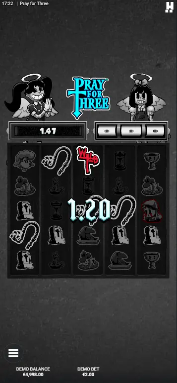 Pray for Three slot base game full view with Scary Mary and Morbid Magda fallen sisters
