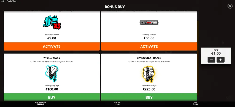 Pray for Three Hacksaw bonus buy menu showing feature purchase options