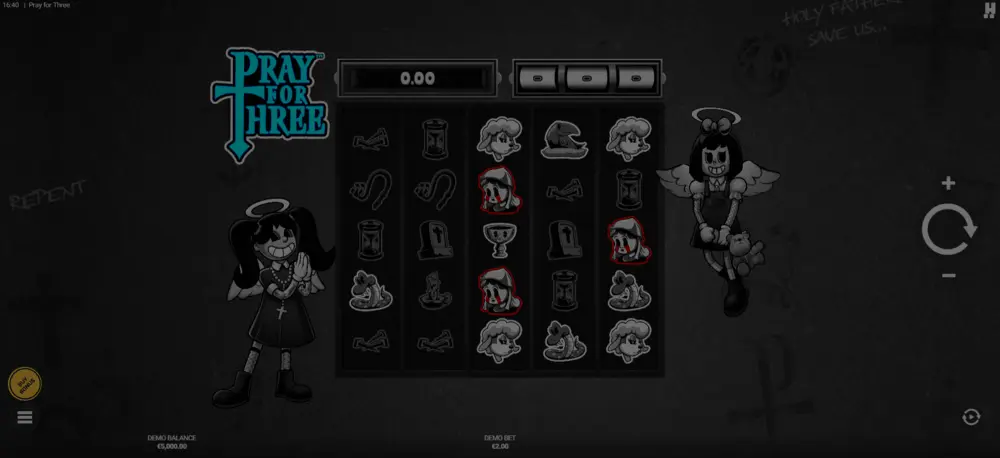 Pray for Three slot demo game window showing gothic cathedral with fallen angels Scary Mary and Morbid Magda