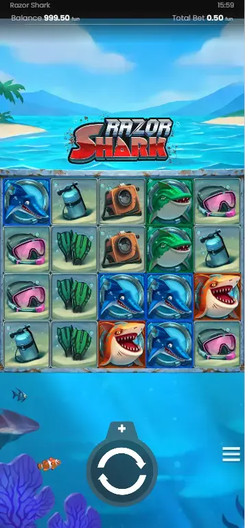 Razor Shark Slot im Portraitmodus auf Smartphone mit Bet- und Spin-Tasten