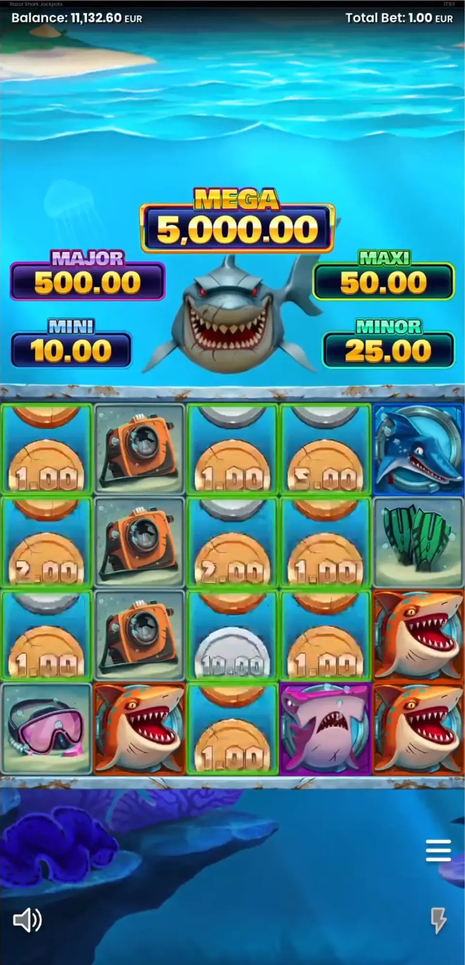 Razor Shark Jackpots Basisspiel – vollständiges Walzenraster mit sichtbarem Shark Pot
