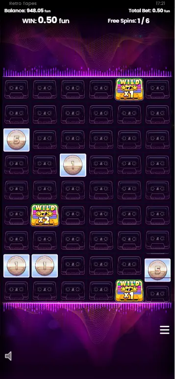 Top Charts Feature Bonusrunde mit fixierten Wild Tape Symbols und Instant Prize Symbols auf dem Raster