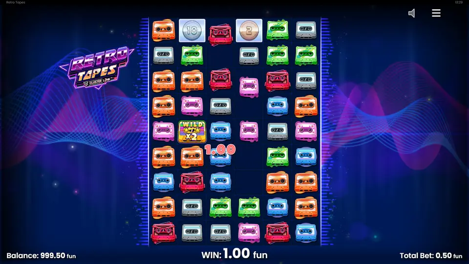 Retro Tapes 2 Slot – Basisspiel mit vollständiger 9×6-Spielfläche und Cluster Pays Mechanik