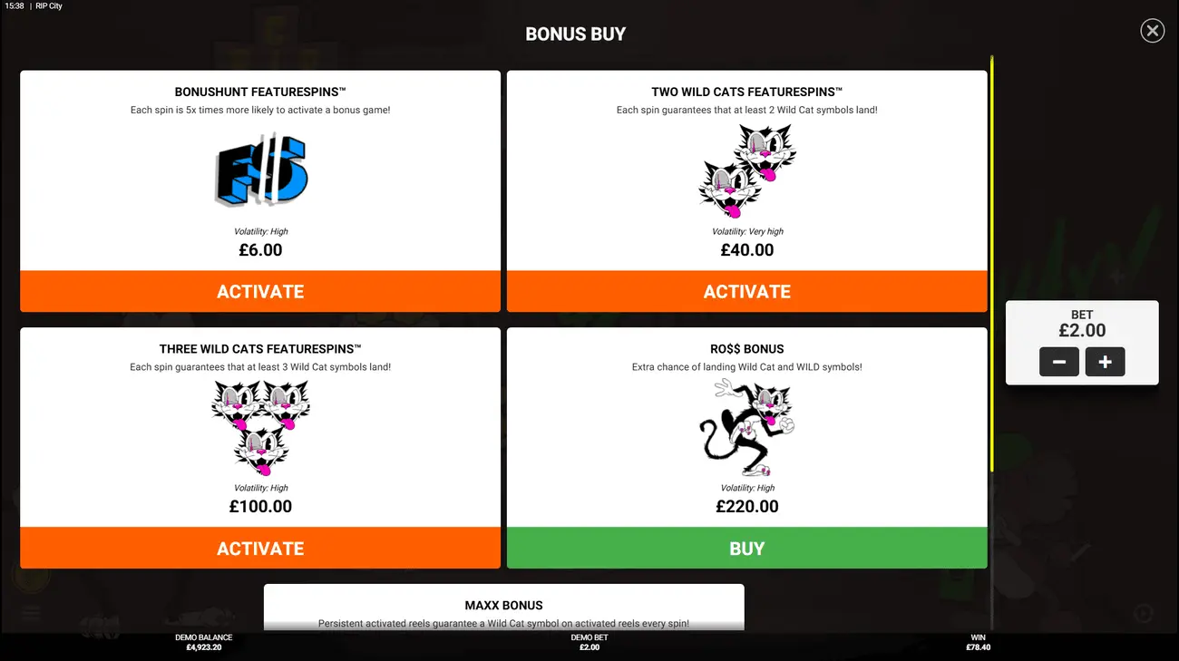 RIP City real money bonus buy menu showing Ro$$ and Maxx purchase options