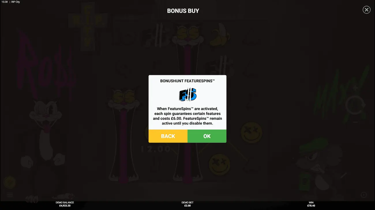 RIP City slot UK BonusHunt FeatureSpins activation screen