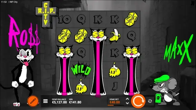 Play RIP City online showing Wild Cat symbol expanding down full reel with multiplier