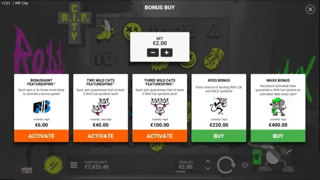 RIP City slot FeatureSpins purchase menu showing buy options
