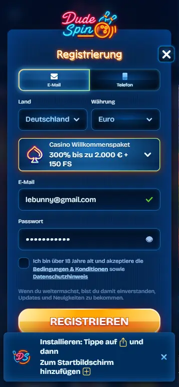 Registrierungsformular zum Le Bunny Echtgeldspiel