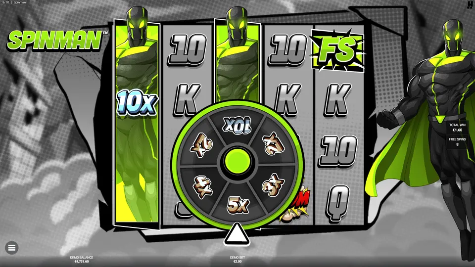Play Spinman online Power Surge bonus mode with free spins active and enhanced wild frequency