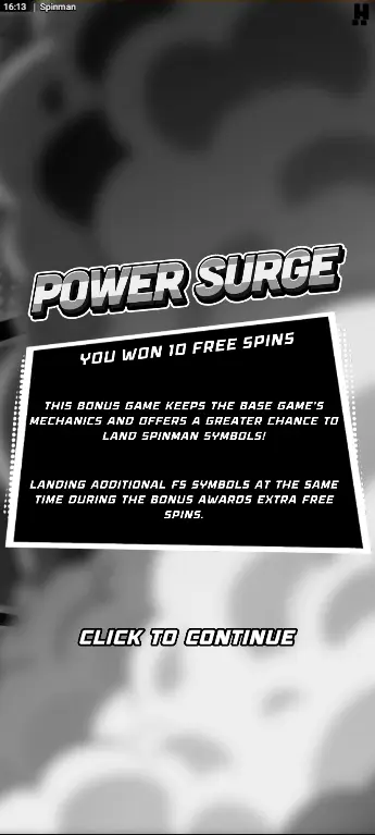 Spinman casino base game showing noir cityscape backdrop with monochrome graphics