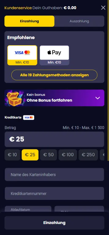 Einzahlung für Big Bass Bonanza auf dem Handy