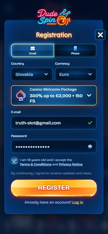 Account registration form for playing Truth casino game