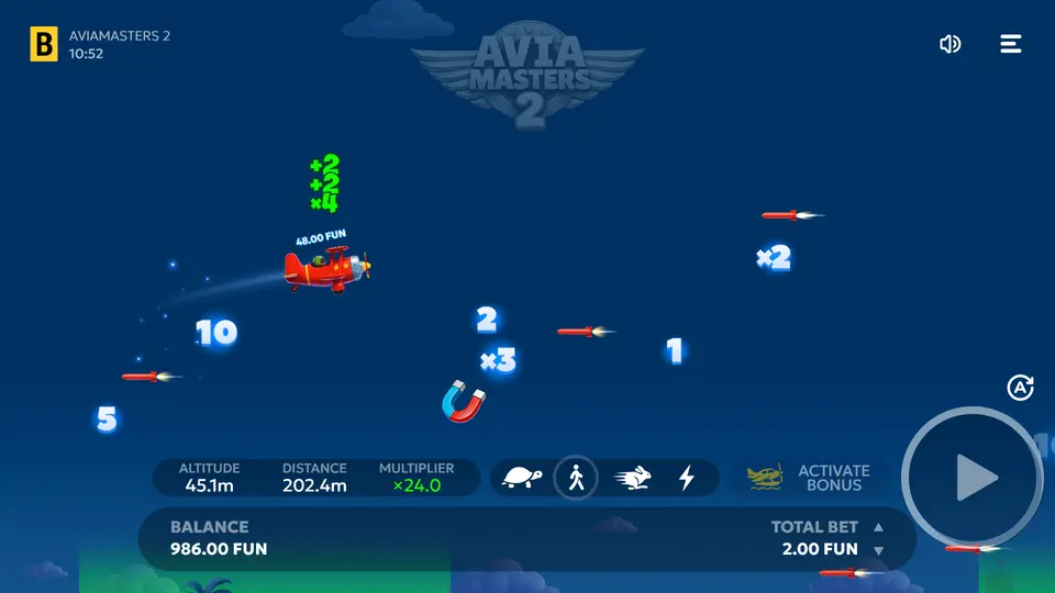Aviamasters 2 mid-round screen showing multiplier growth and objects in path