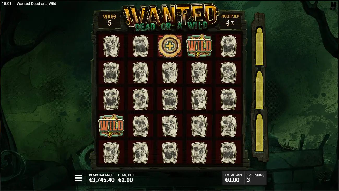 Wanted Dead or a Wild bonus Dead Man's Hand collect phase showing stored wilds and multiplier total