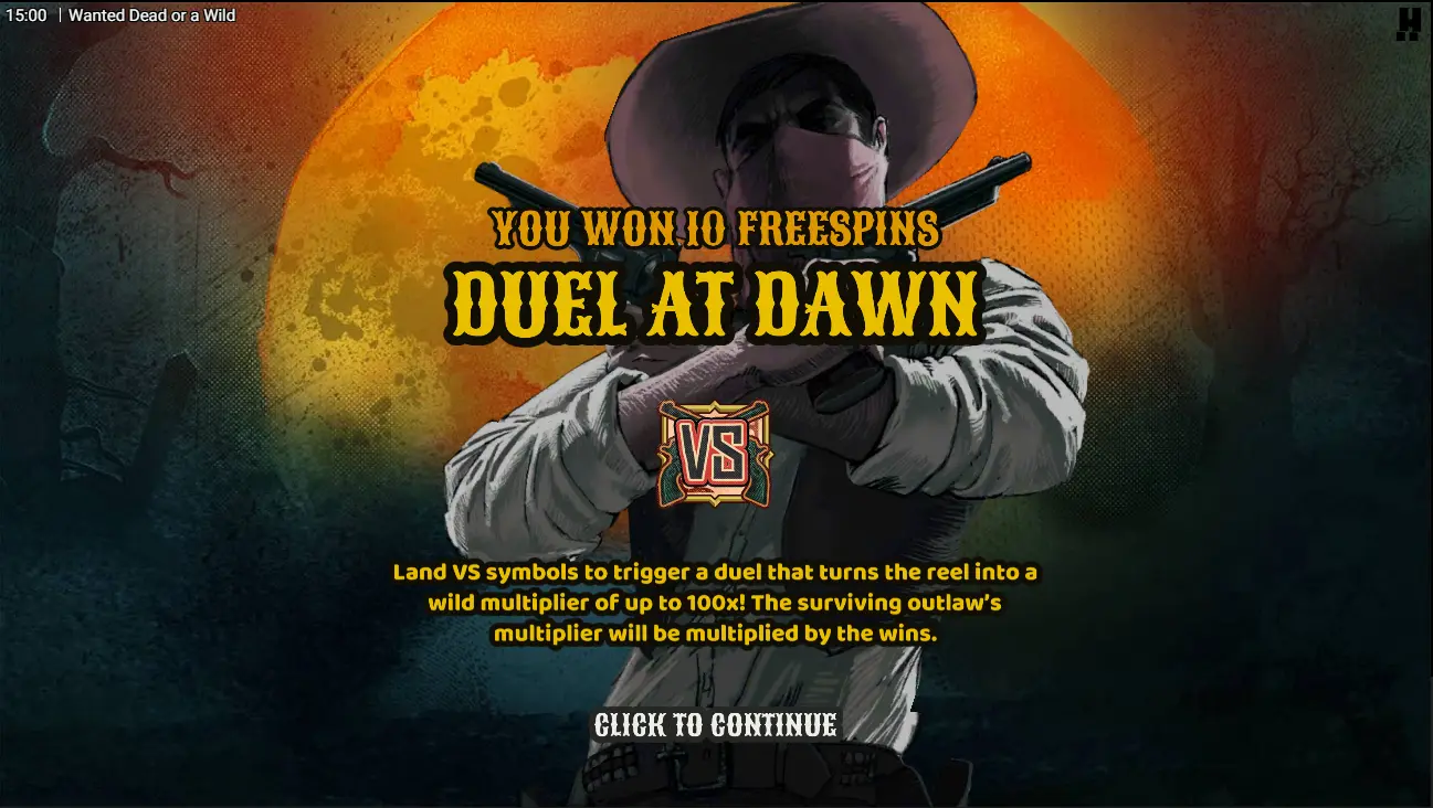 Wanted Dead or a Wild free spins Duel at Dawn bonus mode with multiple VS symbols