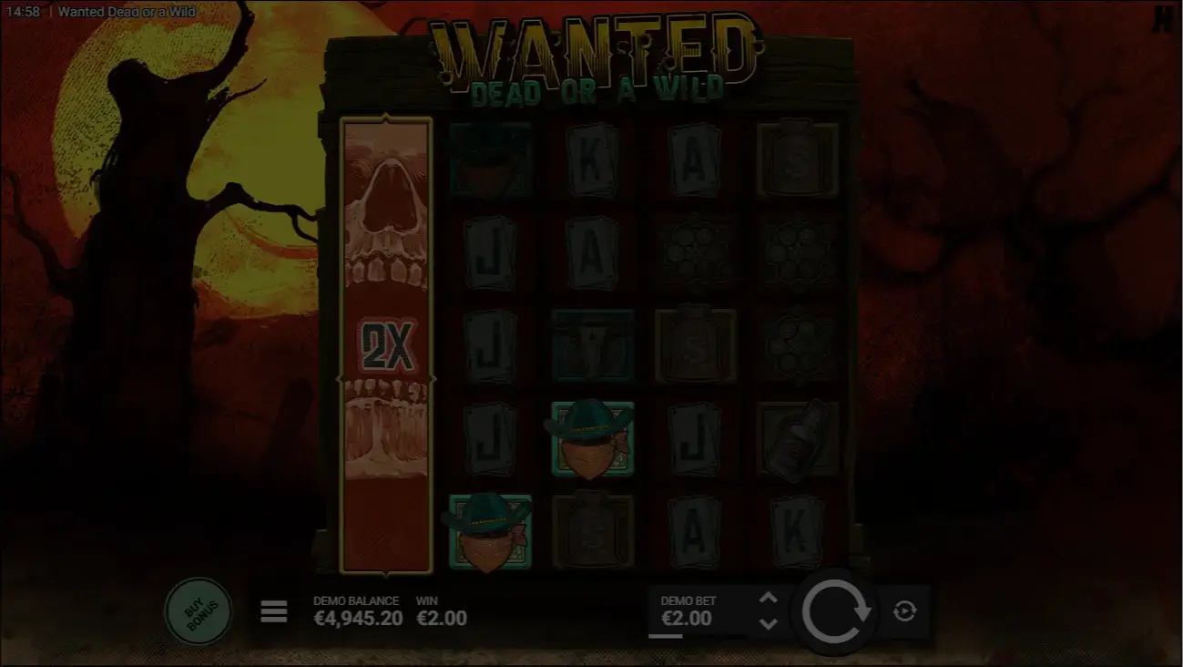 Wanted Dead or a Wild slot demo game window showing western frontier town with outlaw characters