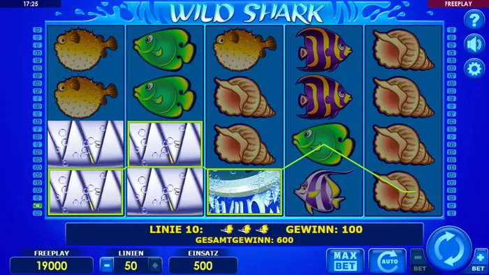 Wild Shark – Krone gestapelt auf einer Walze mit mehreren aktiven Gewinnlinien