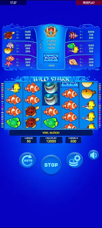 Wild Shark – aktiver Bonusrund mit BONUS-Symbol auf Walze 3 und Zählerverlängerung