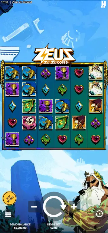Zeus Ze Zecond slot base game full view with Zeus and titan backdrop