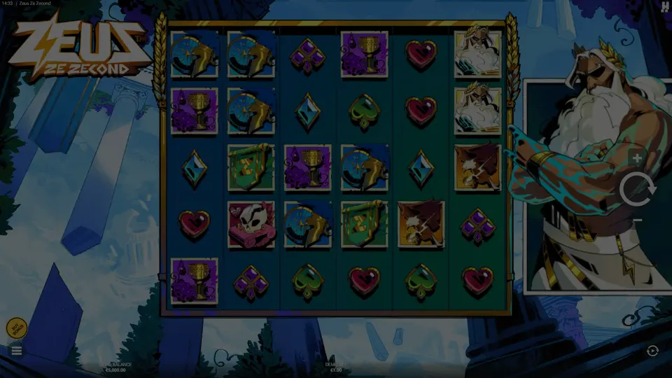 Zeus Ze Zecond slot demo game window showing fractured Olympus with Zeus and titan forces