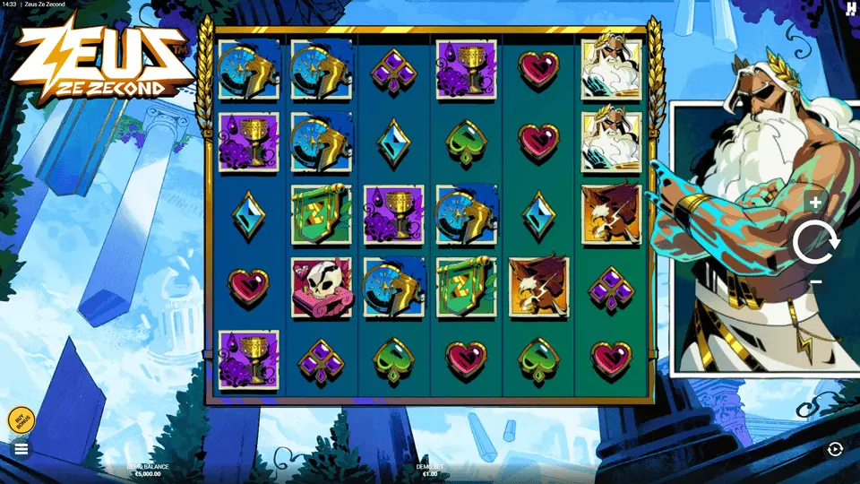 Zeus Ze Zecond slot base game showing fractured Olympus with Zeus wielding lightning